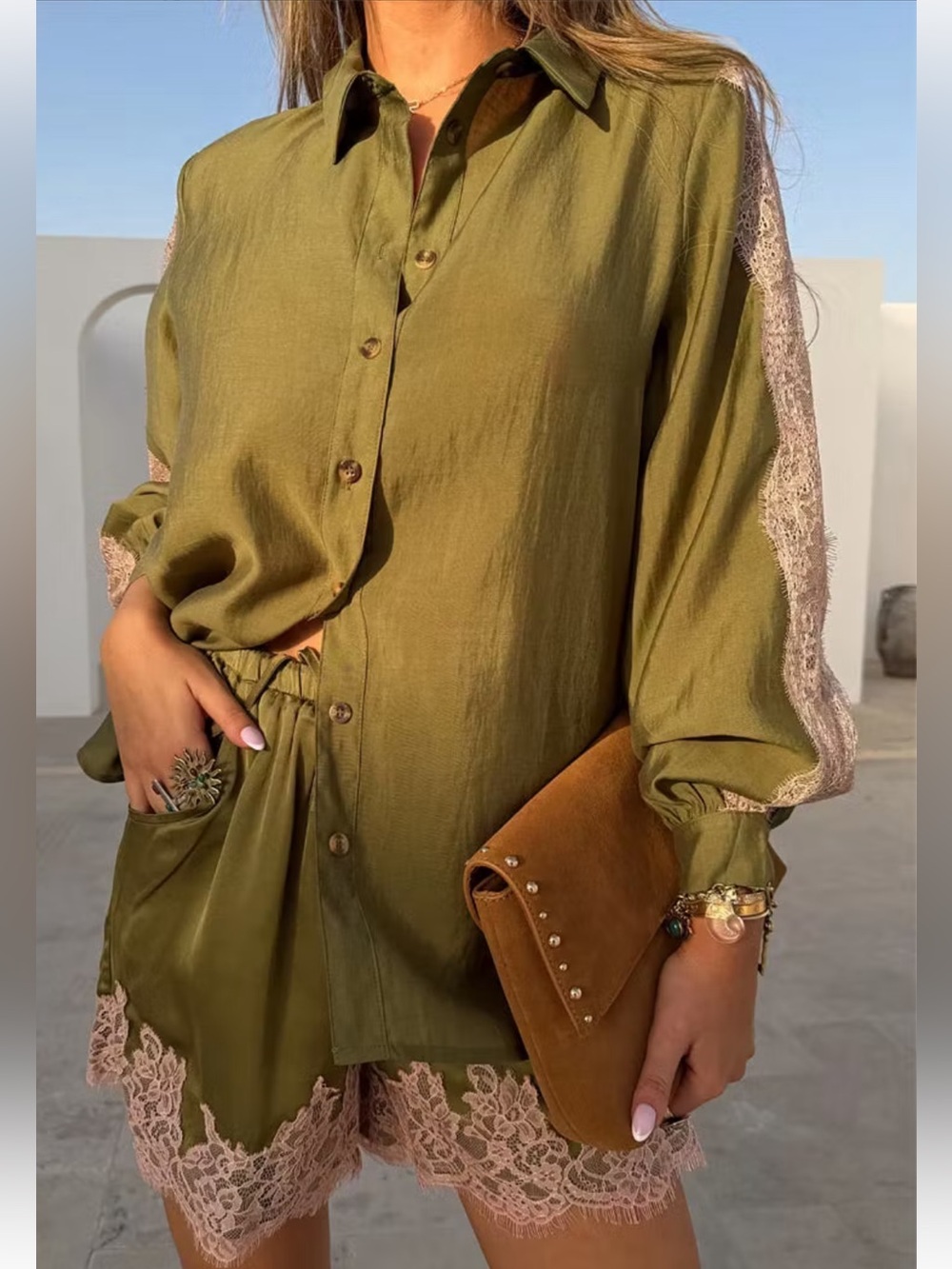 Never Fully Dressed Shirt and Short Set in Olive and Pink Lace Size 2/4